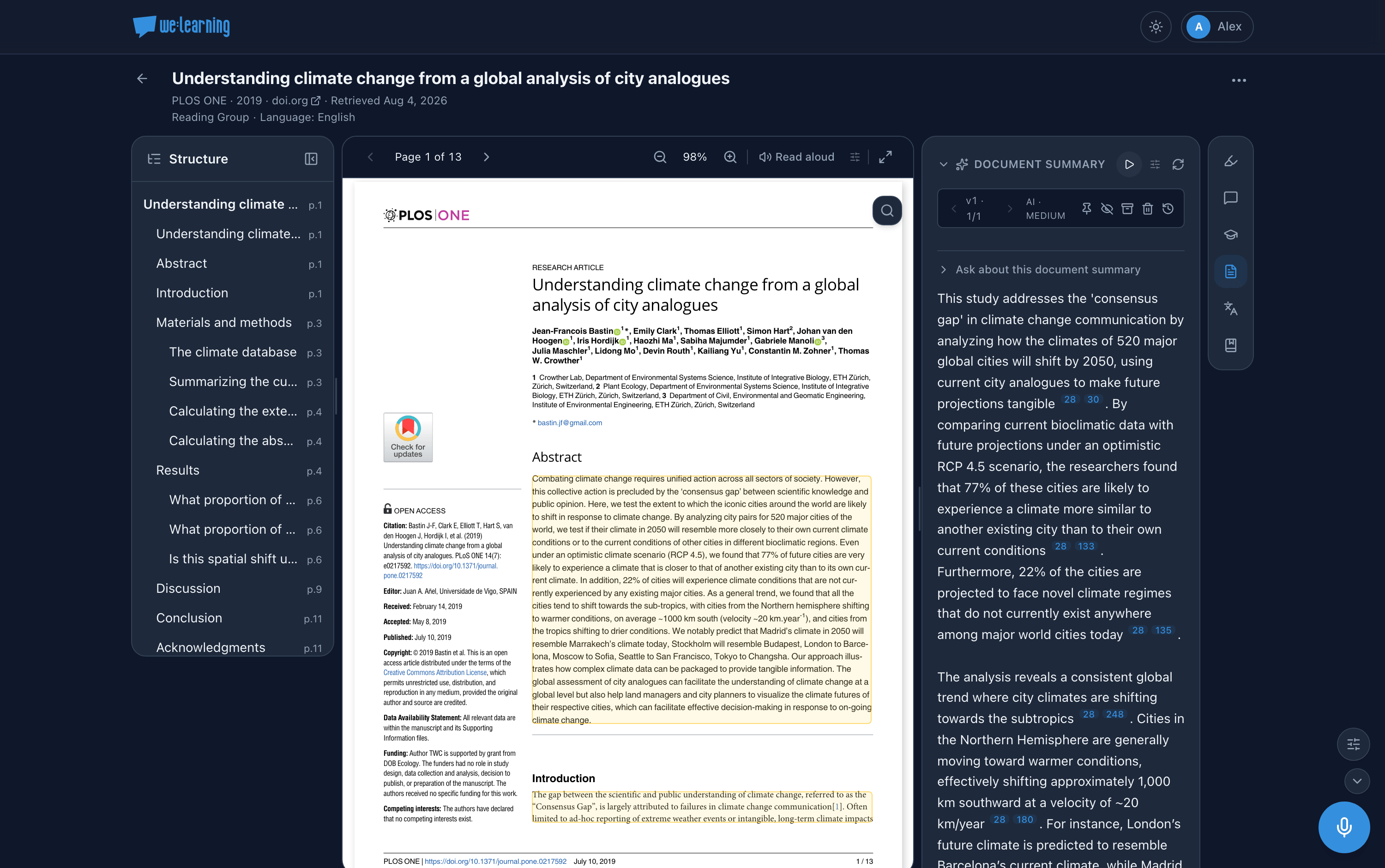 The reader: a source document with its structure on the left and a summary on the right whose claims link back to the passages they come from.