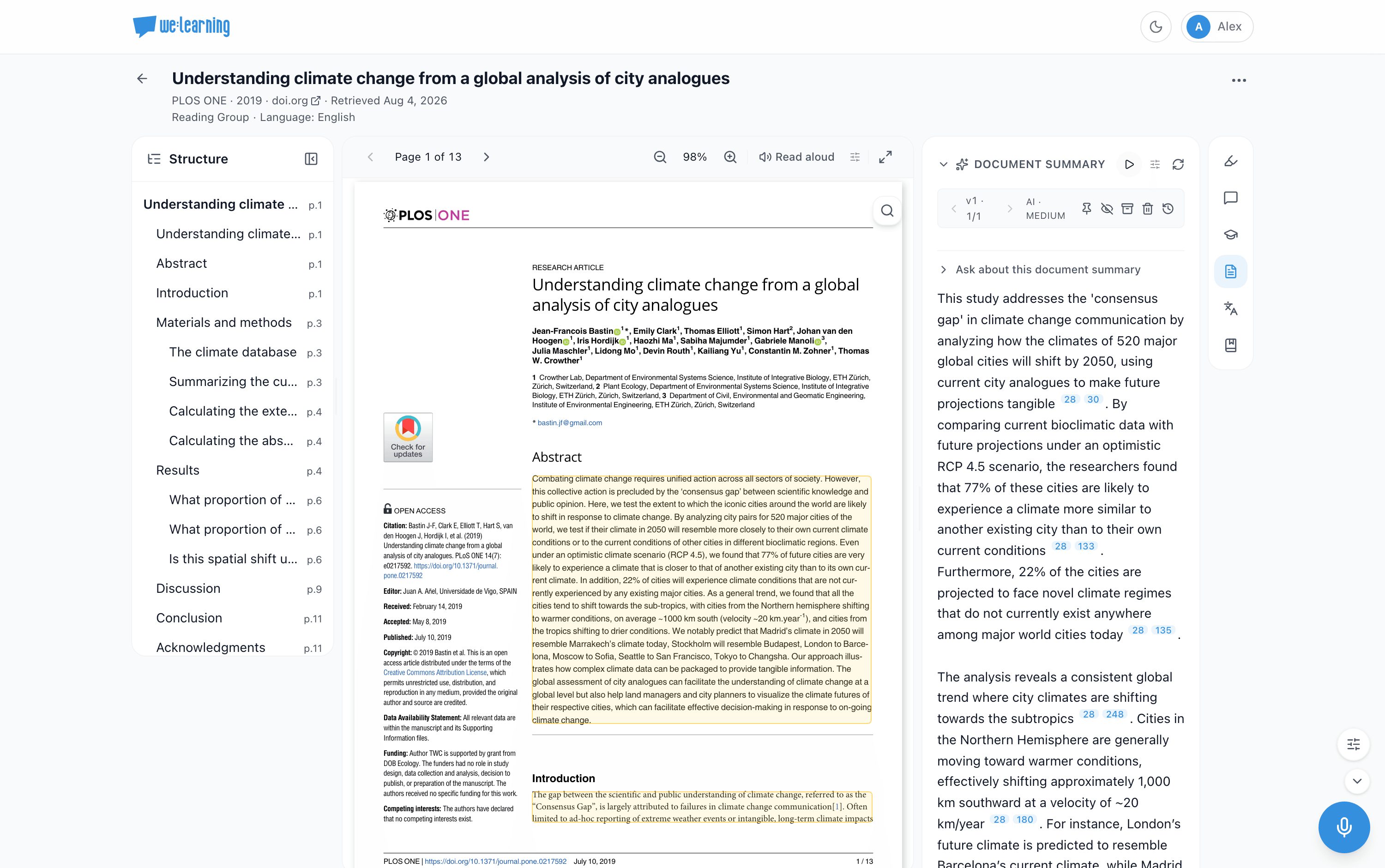 The reader: a source document with its structure on the left and a summary on the right whose claims link back to the passages they come from.